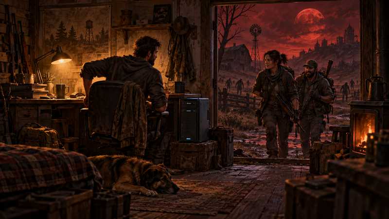 A survivor tends a home server while two friends approach under a red moon.