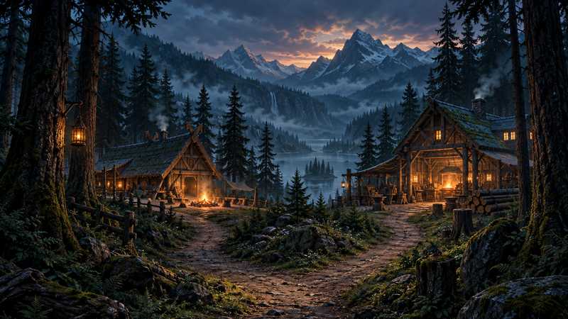 Two Norse camps sit on opposite sides of a forest path, one focused on a longhouse and the other on a larger workshop.