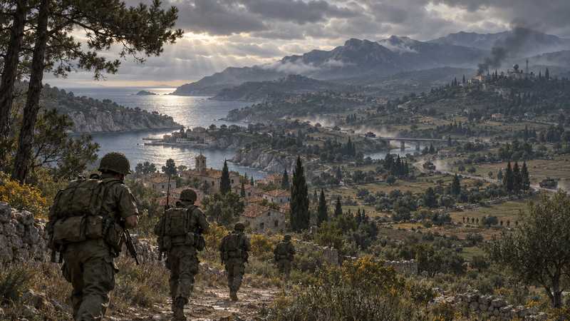 A small patrol crosses a village road while a larger operation unfolds across Everon.