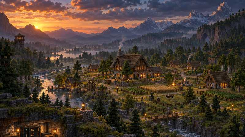 A timber-and-stone settlement with separate cabins sits across a broad, explored valley at dusk.