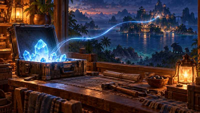 A warmly lit server workbench with glowing blue crystals overlooks a tropical island base at dusk.