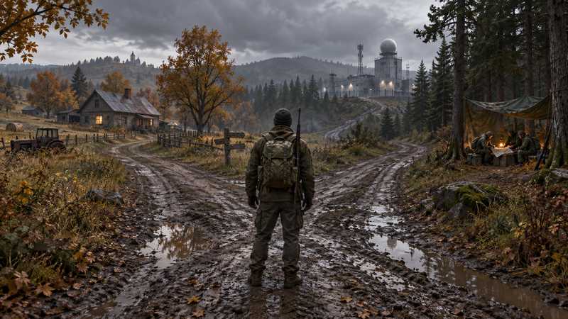 A survivor stands at a muddy road fork between a quiet farmhouse, a distant server facility and a wooded camp.