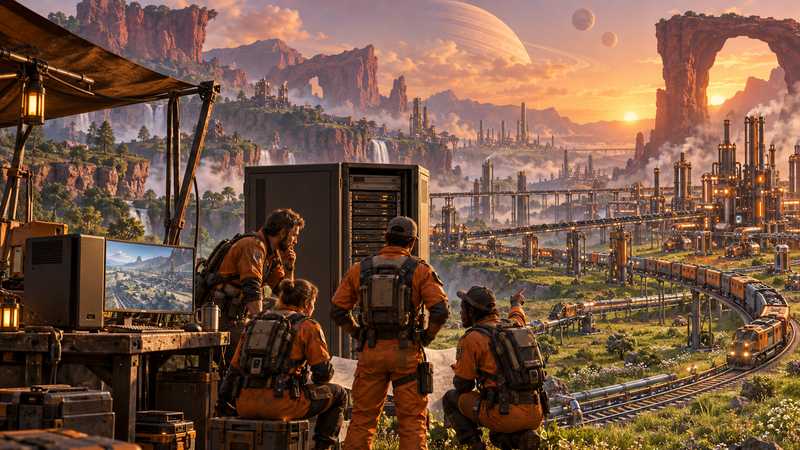 Orange-suited pioneers consider a home PC and server cabinet beside their growing factory.