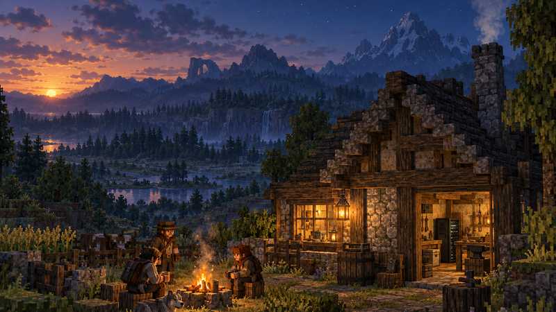 Two adventurers sit by a campfire outside a lantern-lit timber-and-stone homestead, with a server tower visible in the workshop and mountains at dusk.