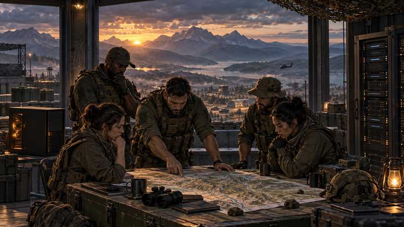 A squad reviews a field map beside a dedicated server workstation at dusk.
