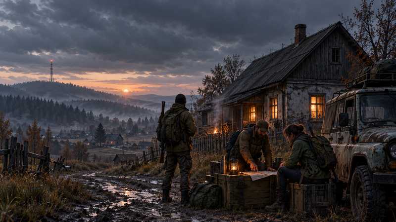 Three survivors gather beside a farmhouse and a muddy road at sunset, with a radio mast on the distant wooded ridge.