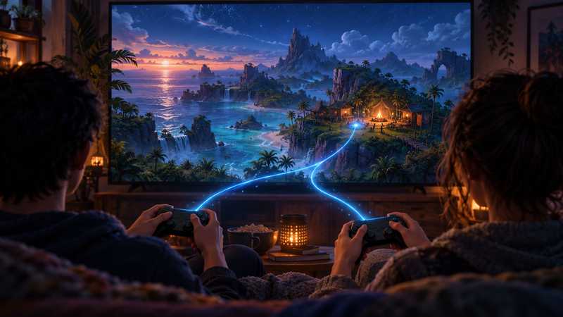 Two friends hold controllers as a blue trail links their living room to a tropical island camp on the screen.