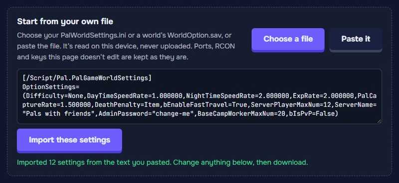 A pasted PalWorldSettings.ini and the message: Imported 12 settings from the text you pasted.