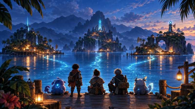 Three travelers and two small creatures watch blue paths connect illuminated island camps across a tropical harbor.
