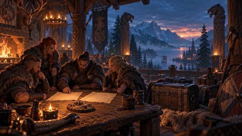 A Norse crew compares blank parchment plans beside a wooden world map in a firelit hall.