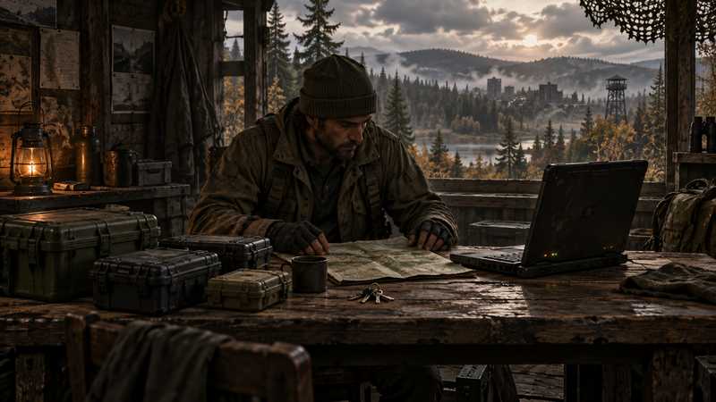A survivor checks a terrain map beside a laptop and unlabeled cases at a forest workbench.