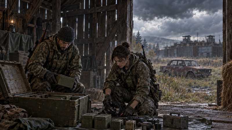 Two survivors in camouflage sort ammunition crates, cables and tools on a tarp inside a wooden barn, with a rusted car and a fortified wall outside under a grey sky.