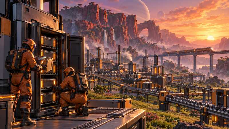Two pioneers in orange suits slot glowing crates into a server rack built into a factory foundation at dusk, with conveyor belts and a train crossing grass fields behind them.