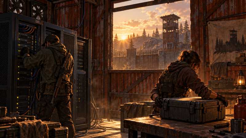 A Rust server operator checks a dedicated server beside a protected recovery case in a sheet-metal compound.