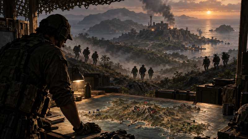 A server operator studies an island battlefield map while distant squads prepare to join the same operation.