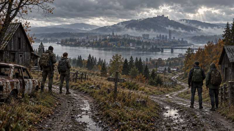 Survivors face separate routes across a divided Chernarus countryside.