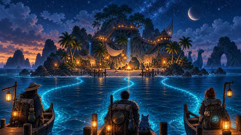 Travelers with separate packs approach a lantern-lit tropical island from moonlit docks and boats, following blue trails across the water.