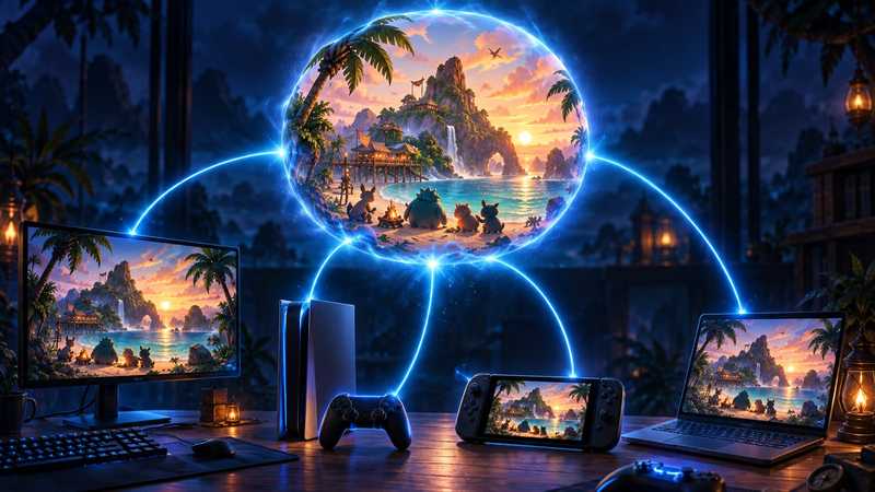 A PC monitor, a console, a handheld and a laptop on a desk, joined by glowing blue lines to one shared tropical island floating above them