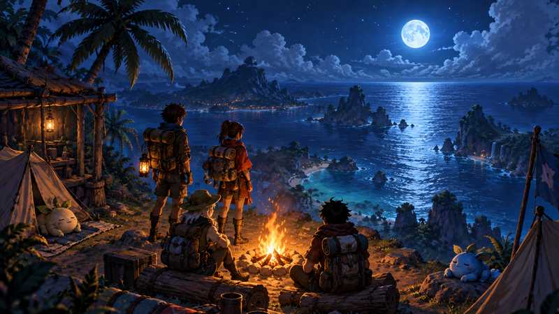Four adventurers gather around a warm campfire with small fantasy creatures on a tropical cliff above a moonlit sea.