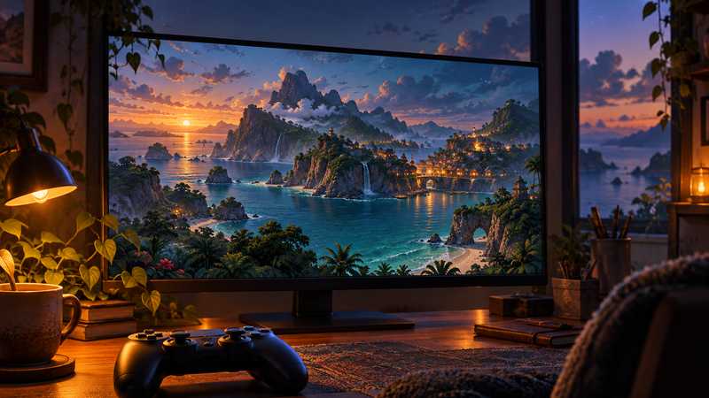 A generic controller sits before a monitor showing a colorful island settlement at dusk.