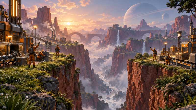 Two groups of pioneers build factories on separate sides of a rocky ravine.