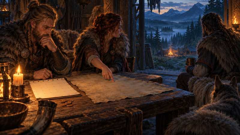 Three Vikings study a blank calendar and map inside a longhouse overlooking a distant forest camp.