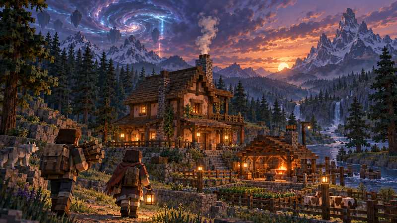 Two travelers return to a timber-and-clay homestead beside a glowing forge under a stormy dusk sky.