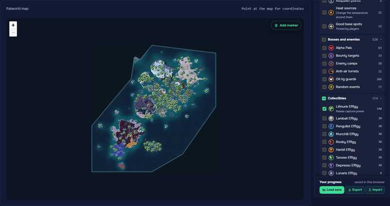 The Palworld map with Lifmunk Effigies on, and the layer list open on Collectibles with Lifmunk Effigy ticked (140).