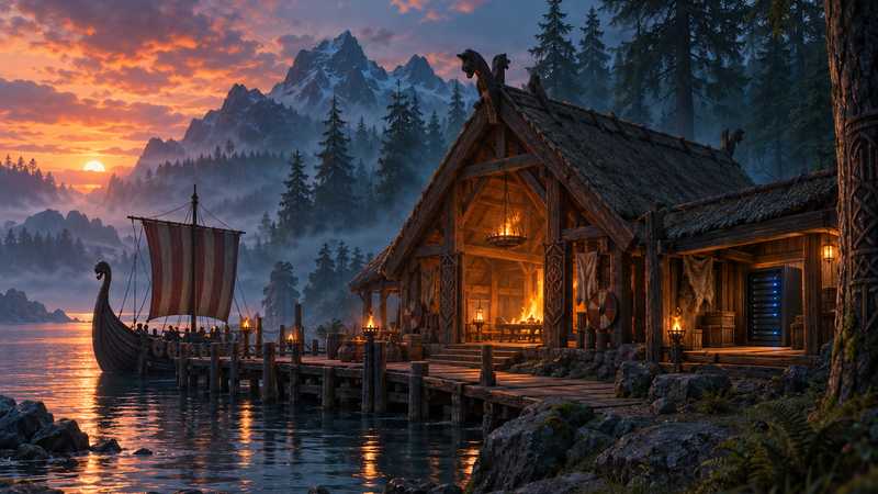 A timber longhouse glows by a misty harbor, with a small server cabinet in a sheltered room.