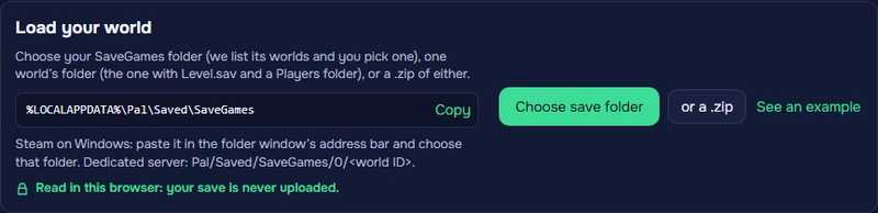 Load your world: the SaveGames path with a Copy button, Choose save folder, or a .zip, and See an example.