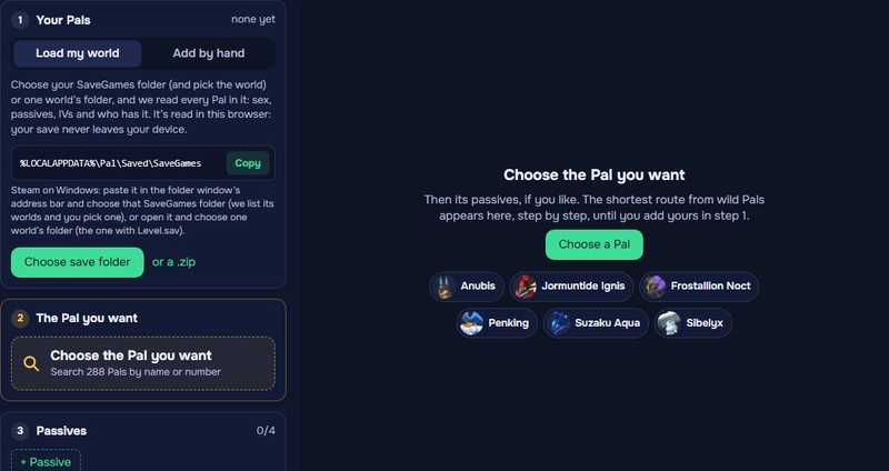 Step 1 of the breeding path: the SaveGames path with a Copy button, Choose save folder and or a .zip.