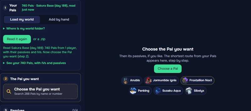 The breeding path after reading a world: Read Sakura Base (day 189): 740 Pals from 1 player, with their passives and IVs.
