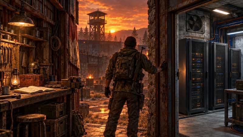 A Rust administrator compares a workshop checklist with a separate server room inside a fortified compound.