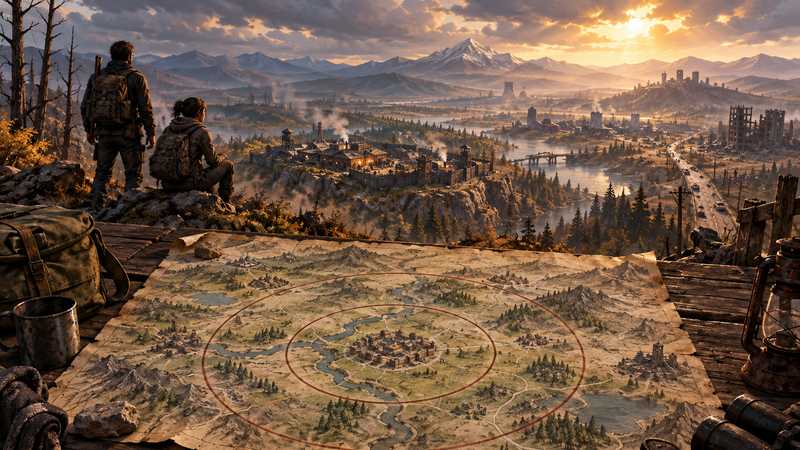 Two survivors compare a marked paper map while looking across a wide post-apocalyptic valley.