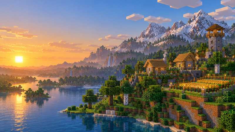 A blocky village with stone houses, a wheat farm and a watchtower on a hill beside a lake at sunset, snowy mountains behind