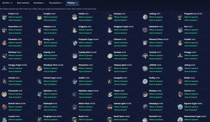 Missing: 161 Paldeck species with links to where each spawns and how to breed it.
