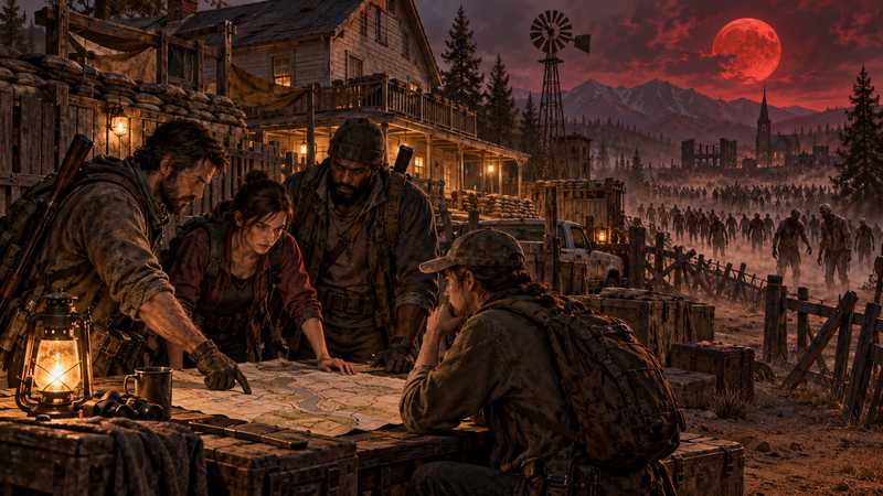 Four survivors study a map outside a fortified farmhouse as a horde approaches under a red moon.