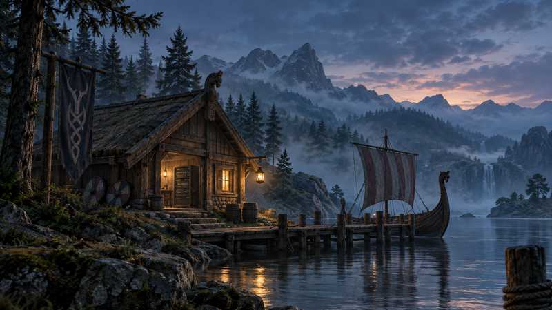 A lit timber longhouse with a small server rack beside a Valheim harbor at dusk.