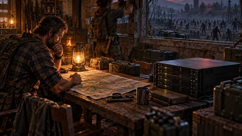 Two survivors plan a fortified farmhouse while a distant horde moves beneath a red blood moon.