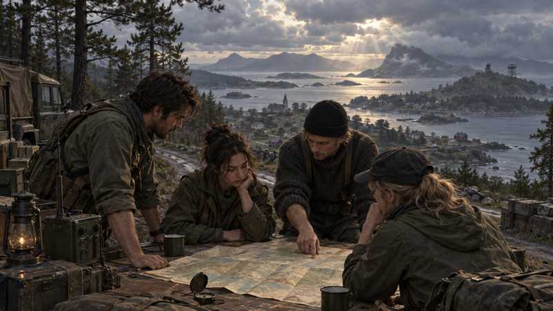 Friends study a paper map at a field table beside a pine-lined island road.