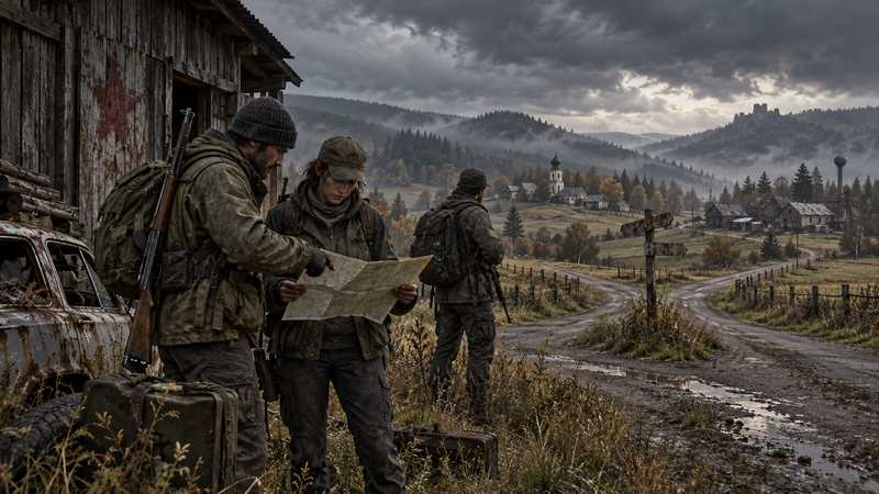Three survivors compare a paper map beside a weathered barn as roads lead toward distant Chernarus towns.
