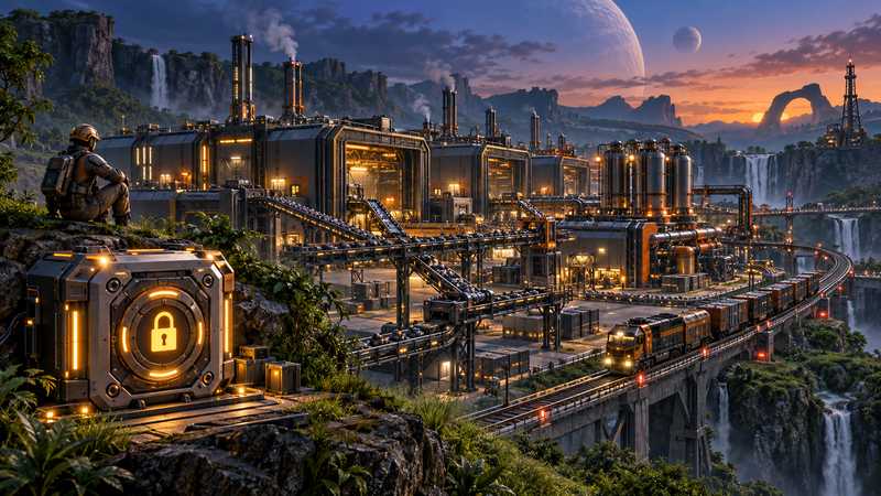 An automated factory spreads across an alien plateau beside a glowing, locked save archive.