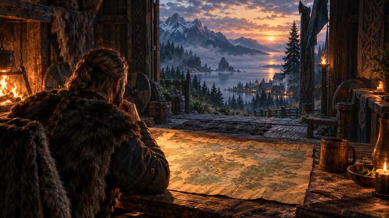 A Viking reviews a marked world map beside a longhouse table, with a pine forest and fjord beyond the doorway.