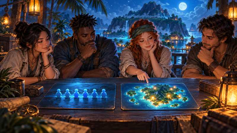 Friends compare two abstract server plans beside a glowing island map.