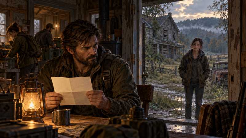 A survivor administrator checks a paper mod note at a safehouse while another survivor waits near the doorway.