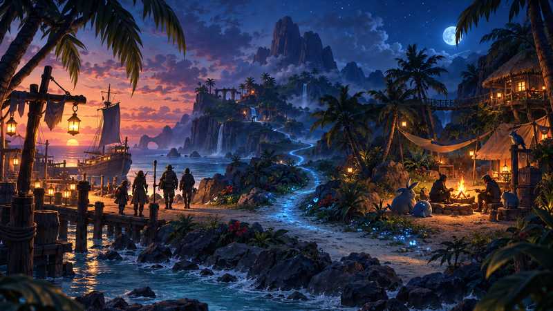 A public harbor and a private island base sit across a blue-lit path at dusk.