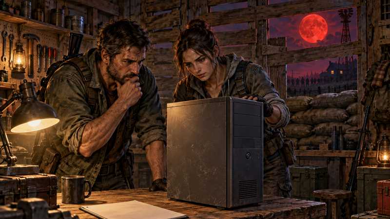 Two survivors check an older desktop computer in a fortified farmhouse under a red moon.
