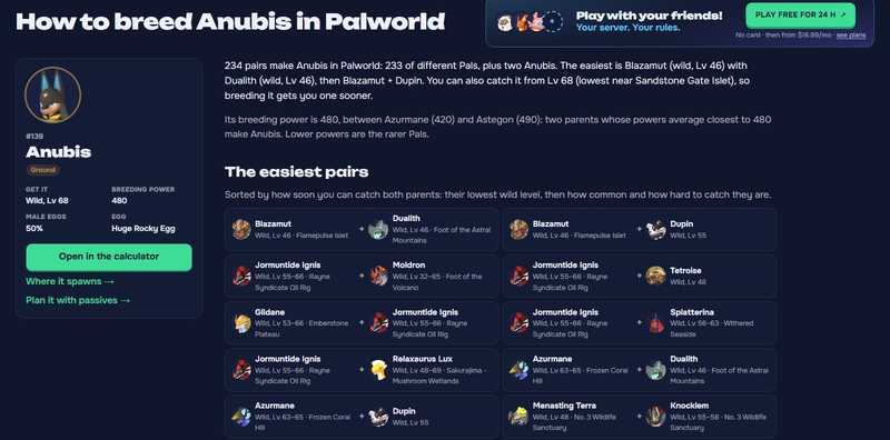 The How to breed Anubis in Palworld page: its card (Wild Lv 68, breeding power 480) and the easiest pairs.