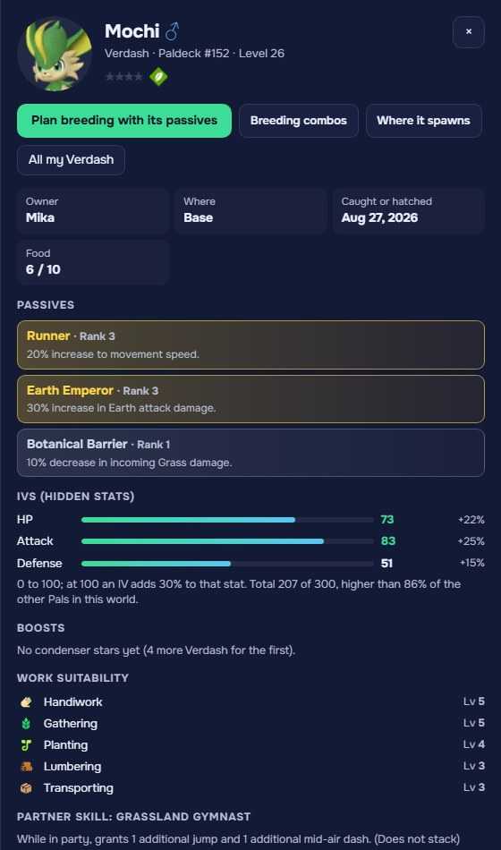 A Verdash’s page: three passives, IVs 73/83/51, work suitability and buttons to plan breeding.