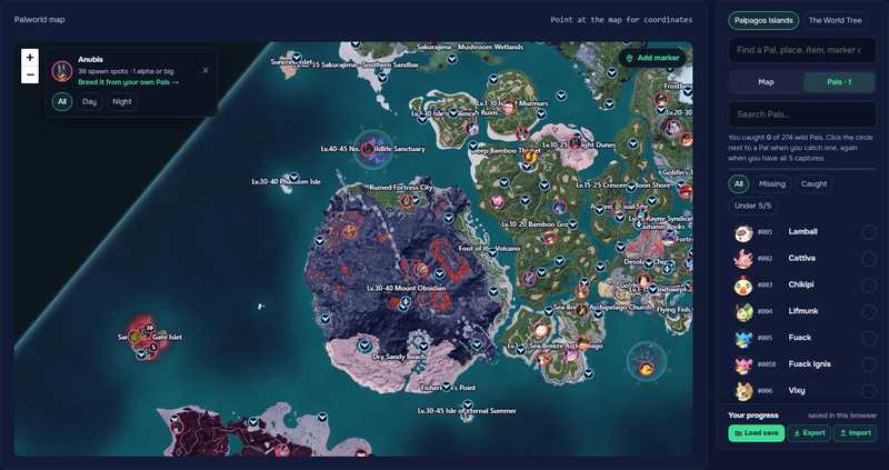 The map on the Pals tab with Anubis picked: its spawn areas glow, and the card says 36 spawn spots, 1 alpha or big.